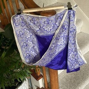 Elegant Purple and White Floral Silk Multiuse Scarf